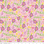 Tiny fairies butterflies purple pink and yellow flowers and green vines on pink novelty fabric for girls quilts nursery décor and patchwork sewing projects