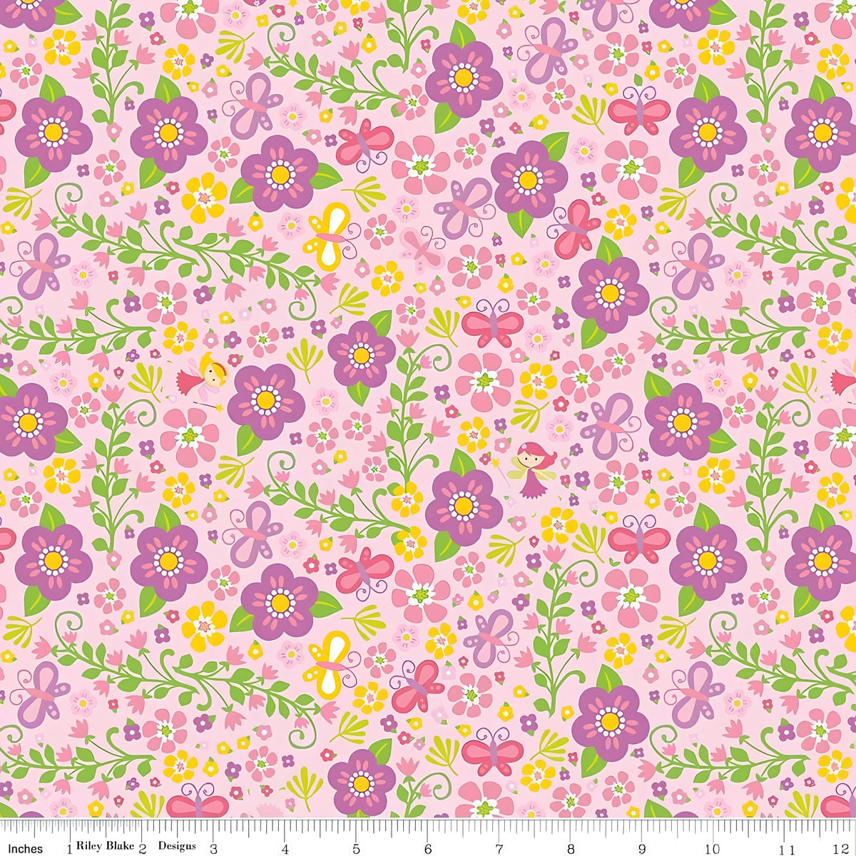 Tiny fairies butterflies purple pink and yellow flowers and green vines on pink novelty fabric for girls quilts nursery décor and patchwork sewing projects