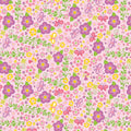 Tiny fairies butterflies purple pink and yellow flowers and green vines on pink novelty fabric for girls quilts nursery décor and patchwork sewing projects