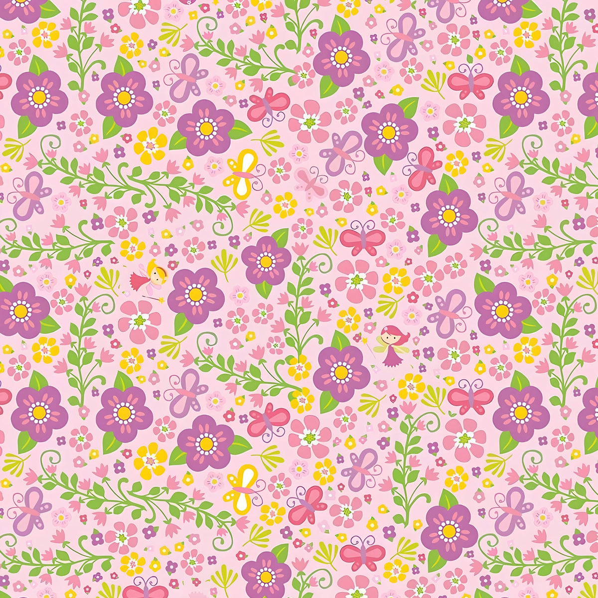 Tiny fairies butterflies purple pink and yellow flowers and green vines on pink novelty fabric for girls quilts nursery décor and patchwork sewing projects