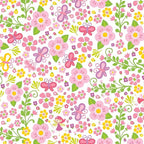 Tiny fairies butterflies pink and yellow flowers and green vines on white novelty fabric for girls quilts nursery décor and patchwork sewing projects