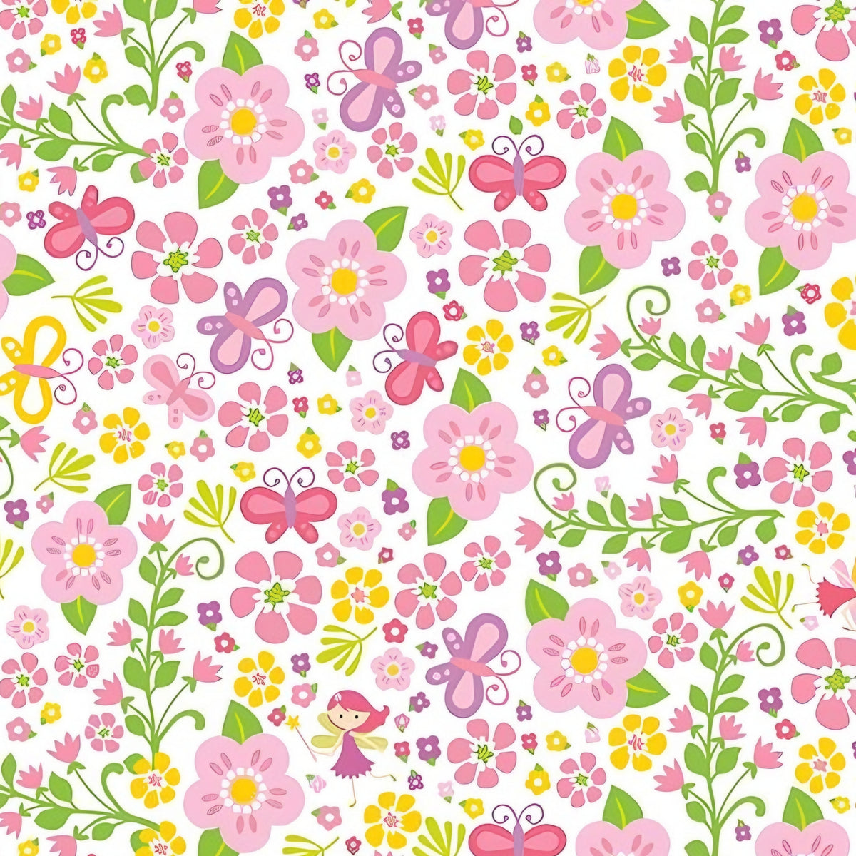 Tiny fairies butterflies pink and yellow flowers and green vines on white novelty fabric for girls quilts nursery décor and patchwork sewing projects