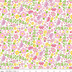 Tiny fairies butterflies pink and yellow flowers and green vines on white novelty fabric for girls quilts nursery décor and patchwork sewing projects