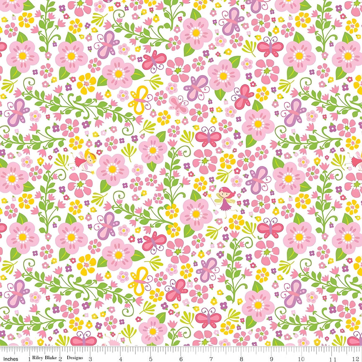 Tiny fairies butterflies pink and yellow flowers and green vines on white novelty fabric for girls quilts nursery décor and patchwork sewing projects