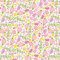 Tiny fairies butterflies pink and yellow flowers and green vines on white novelty fabric for girls quilts nursery décor and patchwork sewing projects