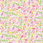 Tiny fairies butterflies pink and yellow flowers and green vines on white novelty fabric for girls quilts nursery décor and patchwork sewing projects