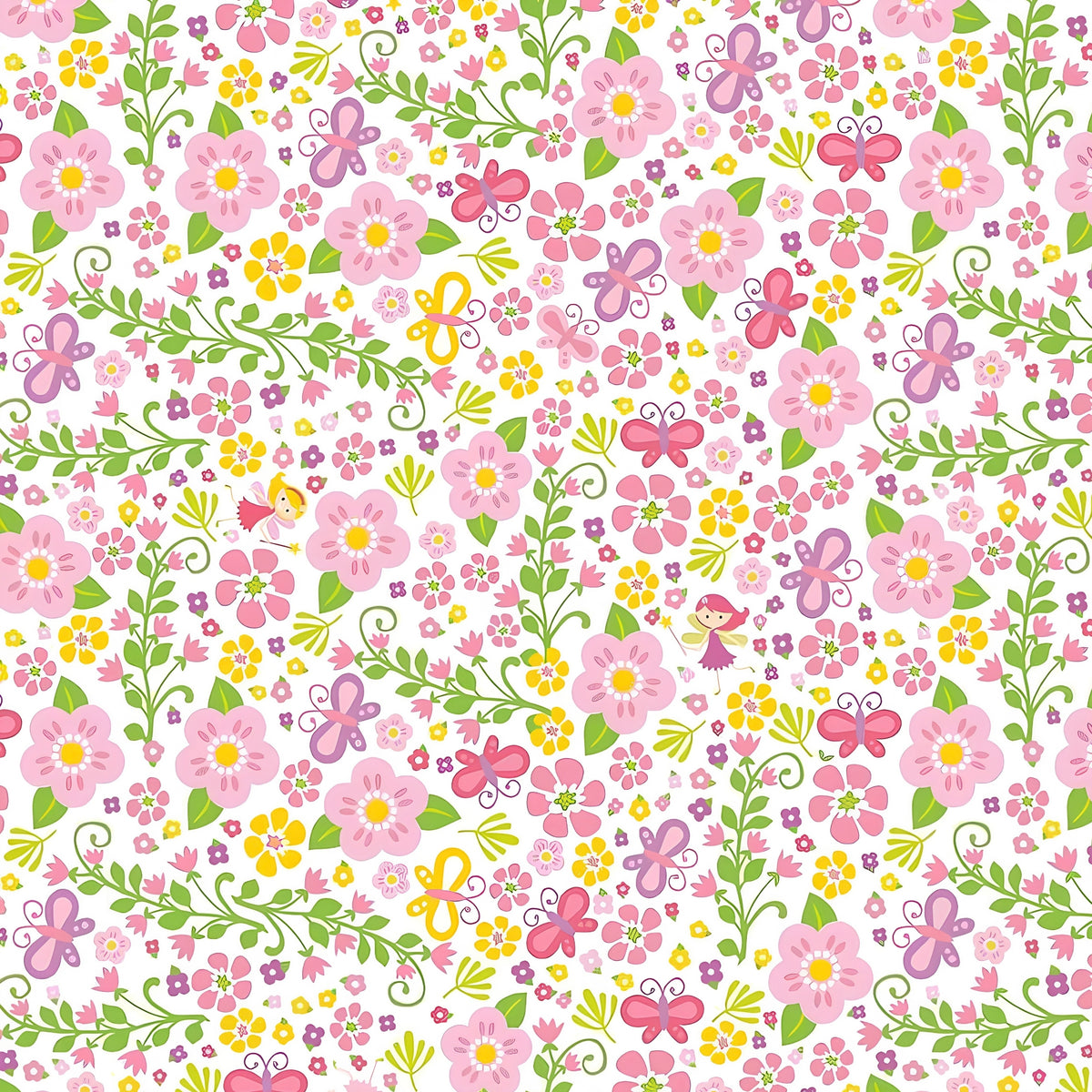 Tiny fairies butterflies pink and yellow flowers and green vines on white novelty fabric for girls quilts nursery décor and patchwork sewing projects
