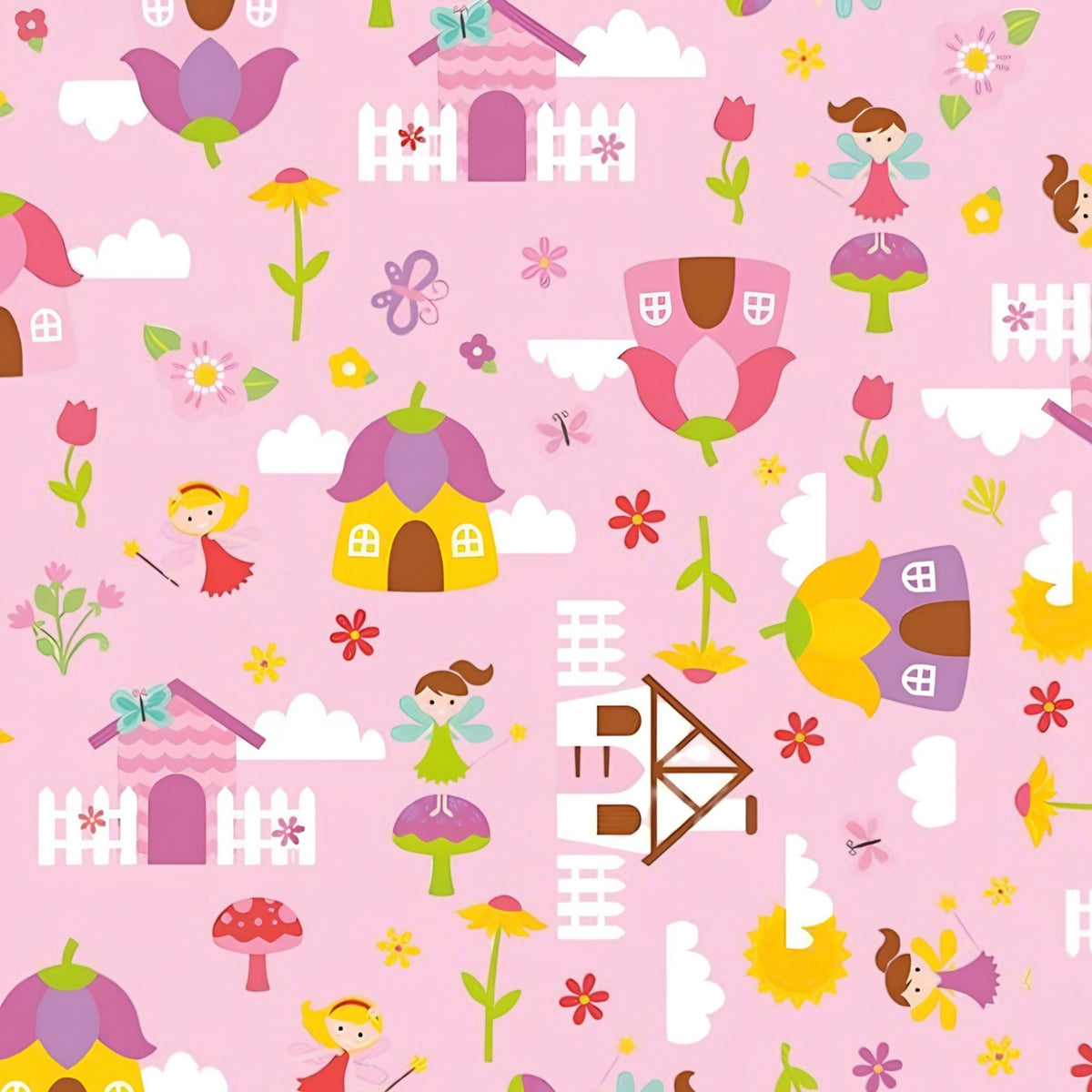 Fairies fairy houses toadstools butterflies and flowers on pink Fairy Garden novelty fabric for girls quilts nursery décor and patchwork sewing projects