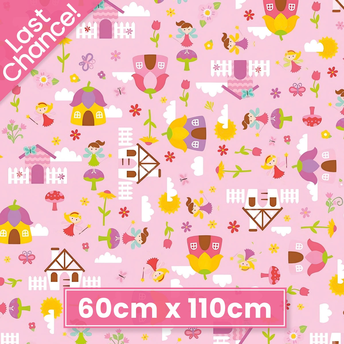 Fairies fairy houses toadstools butterflies and flowers on pink Fairy Garden novelty fabric for girls quilts nursery décor and patchwork sewing projects