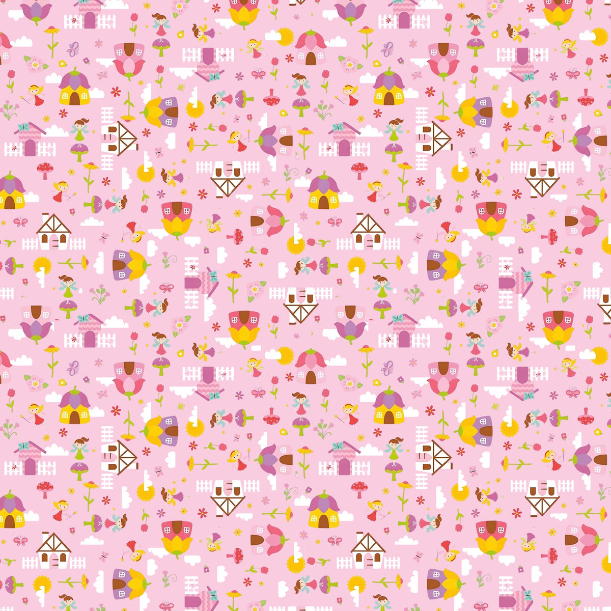 Fairies fairy houses toadstools butterflies and flowers on pink Fairy Garden novelty fabric for girls quilts nursery décor and patchwork sewing projects