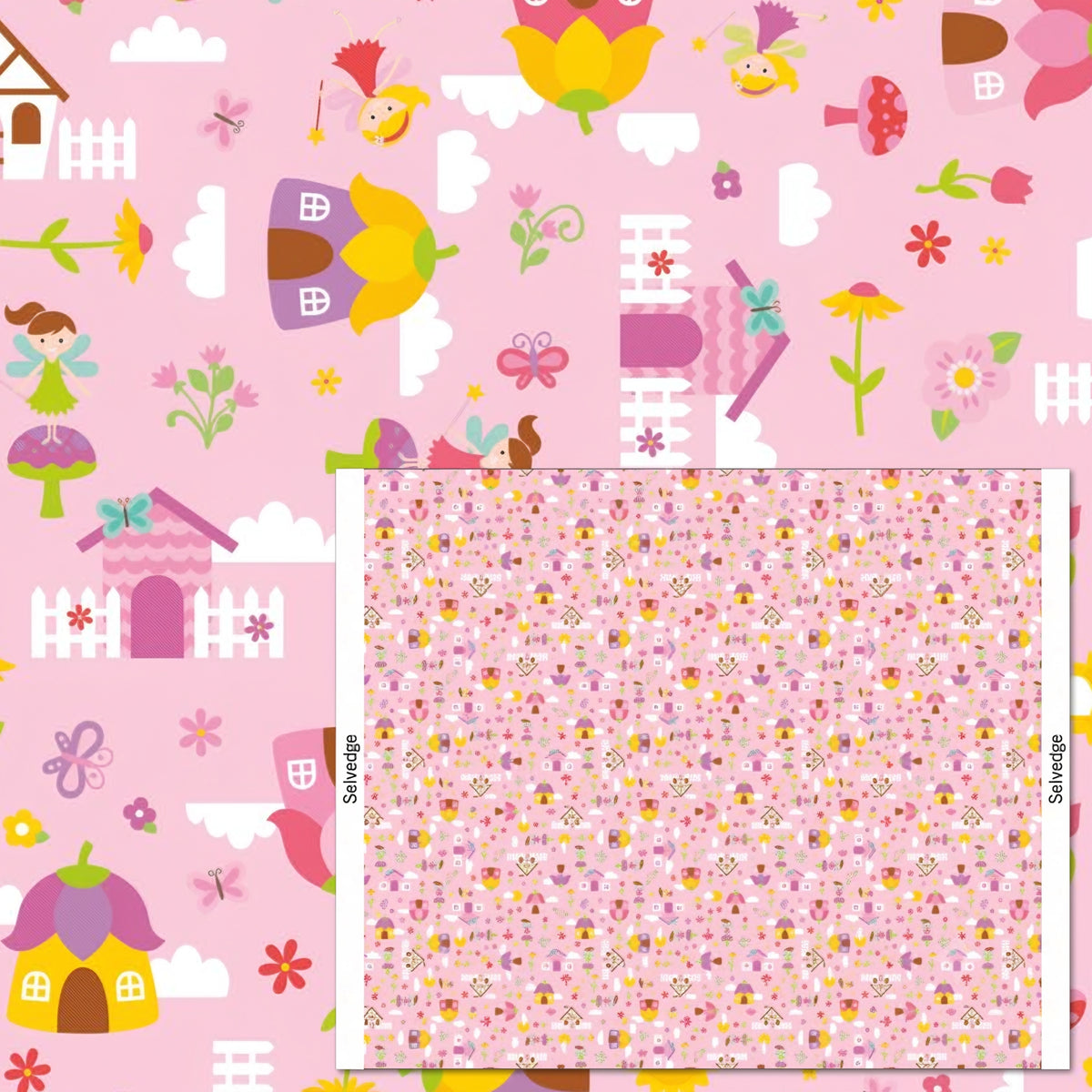 Fairies fairy houses toadstools butterflies and flowers on pink Fairy Garden novelty fabric for girls quilts nursery décor and patchwork sewing projects