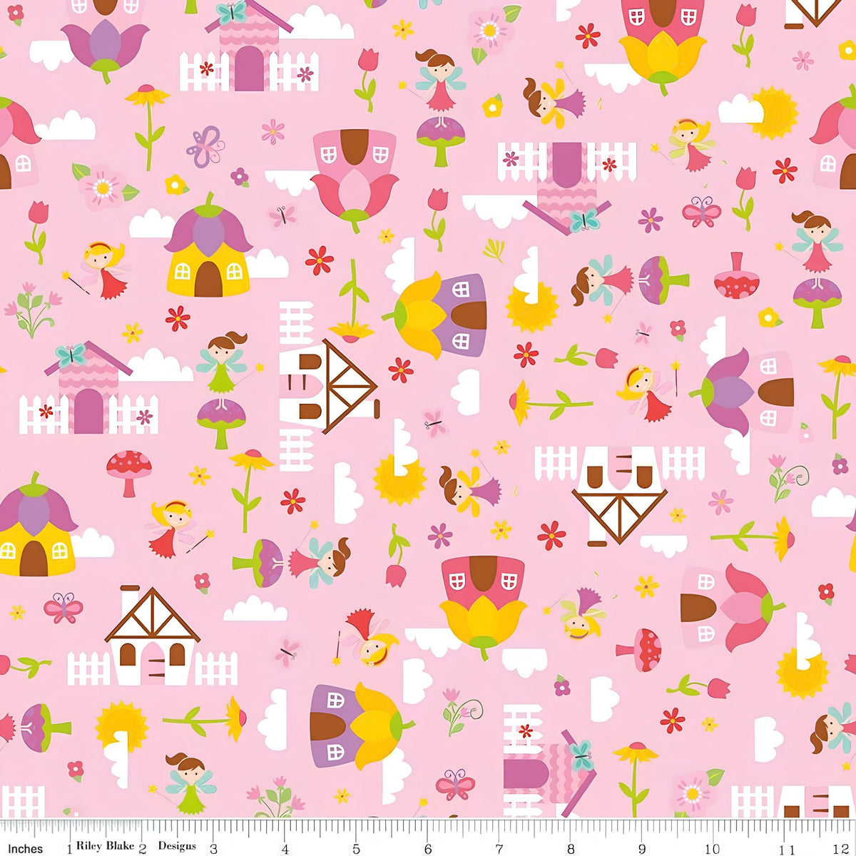 Fairies fairy houses toadstools butterflies and flowers on pink Fairy Garden novelty fabric for girls quilts nursery décor and patchwork sewing projects