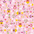 Fairies fairy houses toadstools butterflies and flowers on pink Fairy Garden novelty fabric for girls quilts nursery décor and patchwork sewing projects