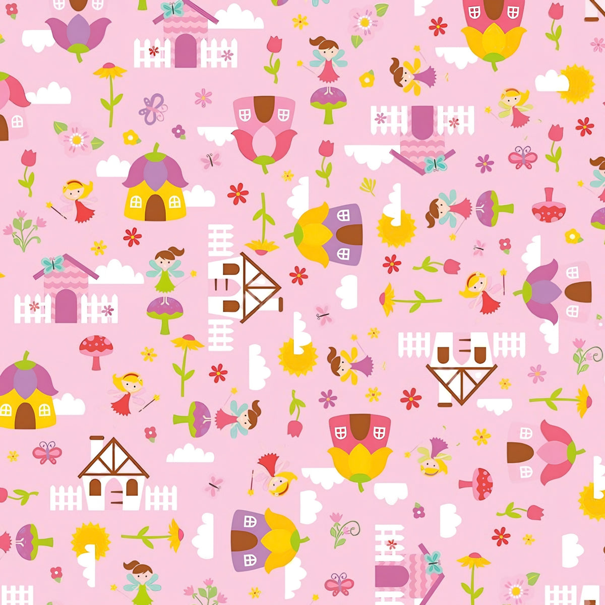 Fairies fairy houses toadstools butterflies and flowers on pink Fairy Garden novelty fabric for girls quilts nursery décor and patchwork sewing projects