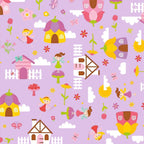 Fairies fairy houses toadstools butterflies and flowers on purple Fairy Garden novelty fabric for girls quilts nursery décor and patchwork sewing projects