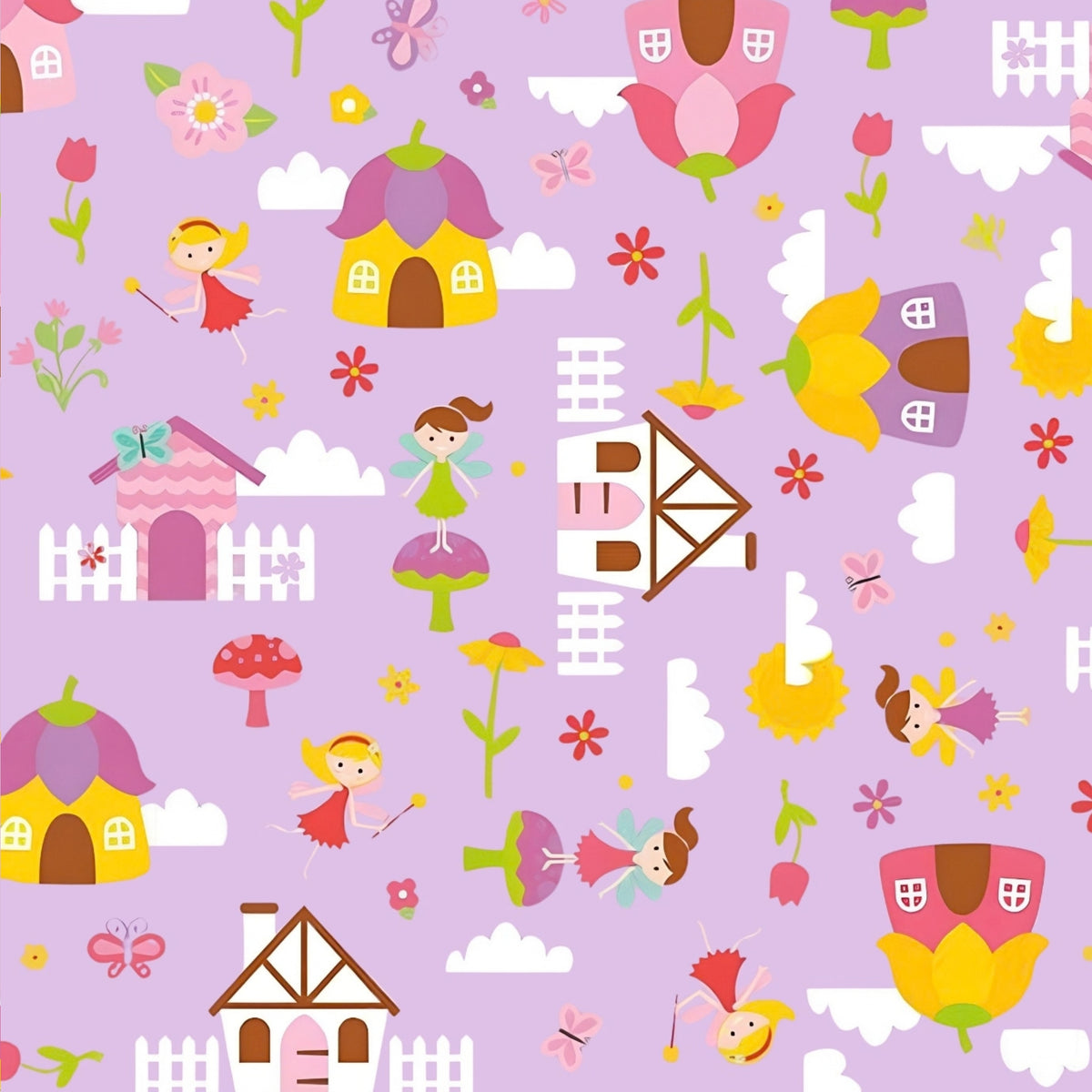 Fairies fairy houses toadstools butterflies and flowers on purple Fairy Garden novelty fabric for girls quilts nursery décor and patchwork sewing projects