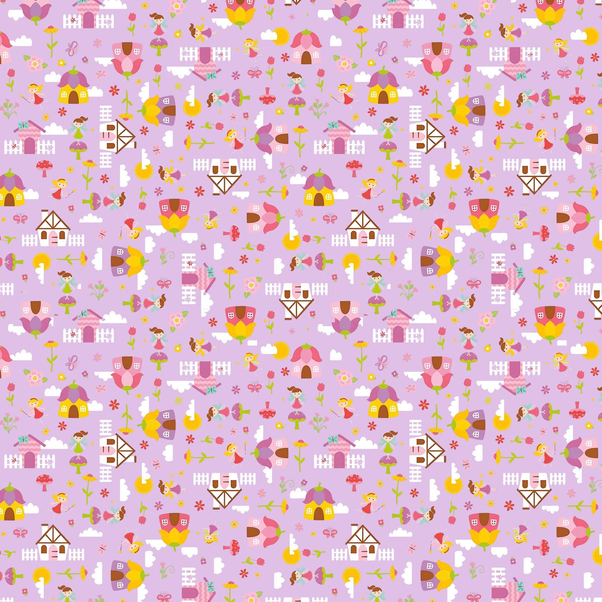 Fairies fairy houses toadstools butterflies and flowers on purple Fairy Garden novelty fabric for girls quilts nursery décor and patchwork sewing projects