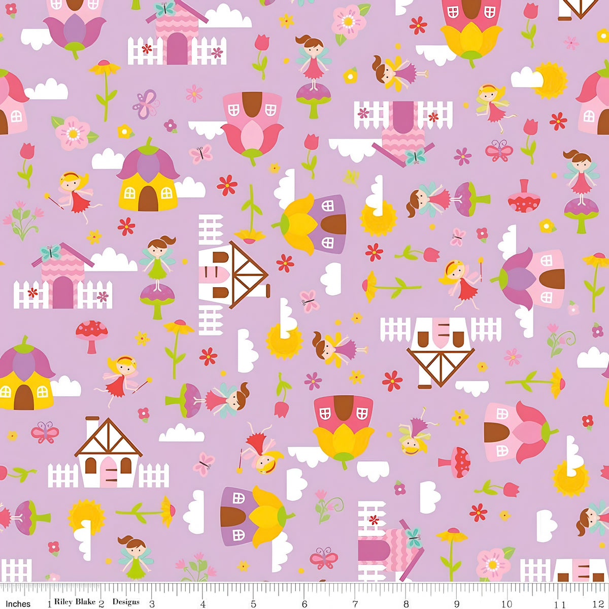 Fairies fairy houses toadstools butterflies and flowers on purple Fairy Garden novelty fabric for girls quilts nursery décor and patchwork sewing projects