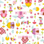 Fairies fairy houses toadstools butterflies and flowers on white Fairy Garden novelty fabric for girls quilts nursery décor and patchwork sewing projects