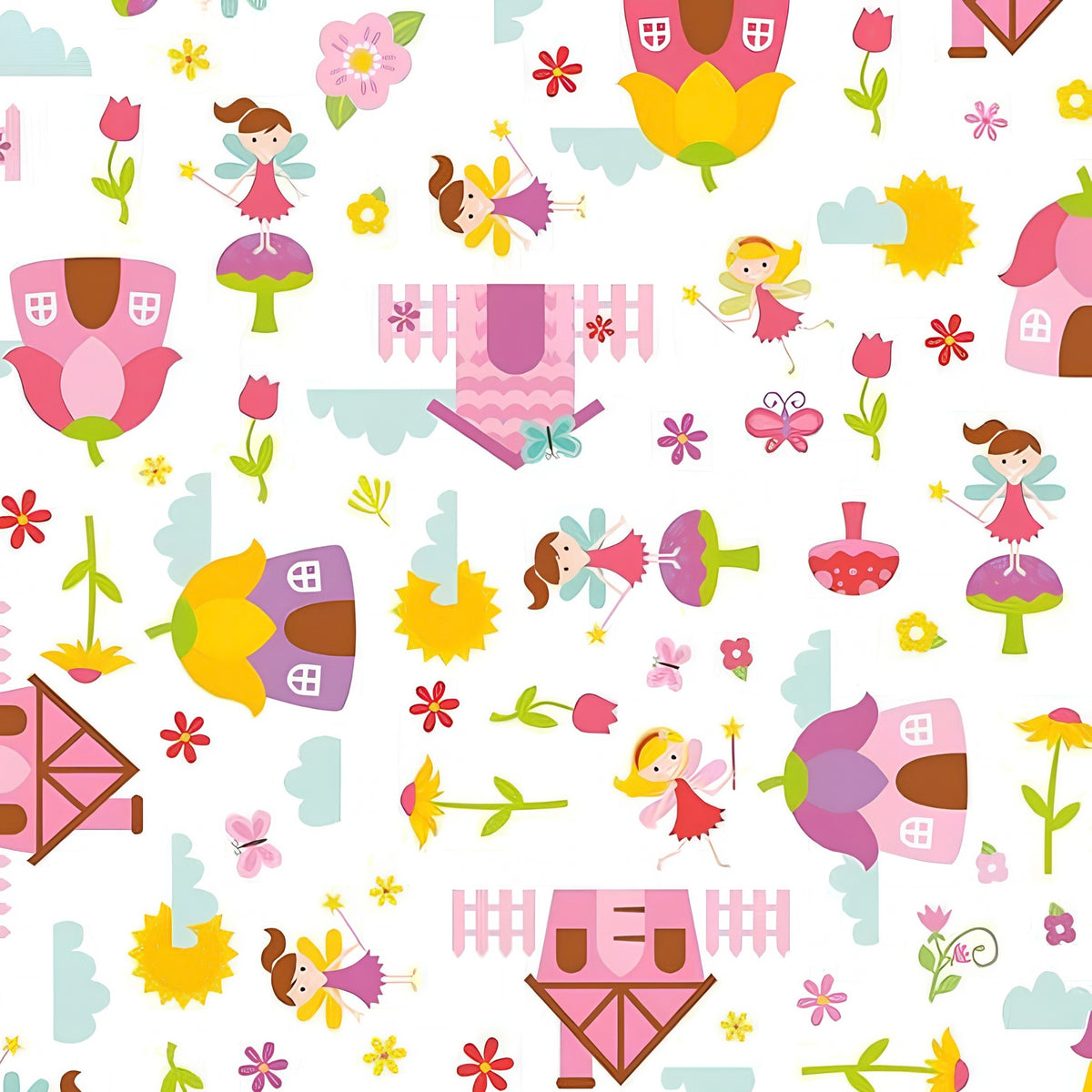Fairies fairy houses toadstools butterflies and flowers on white Fairy Garden novelty fabric for girls quilts nursery décor and patchwork sewing projects