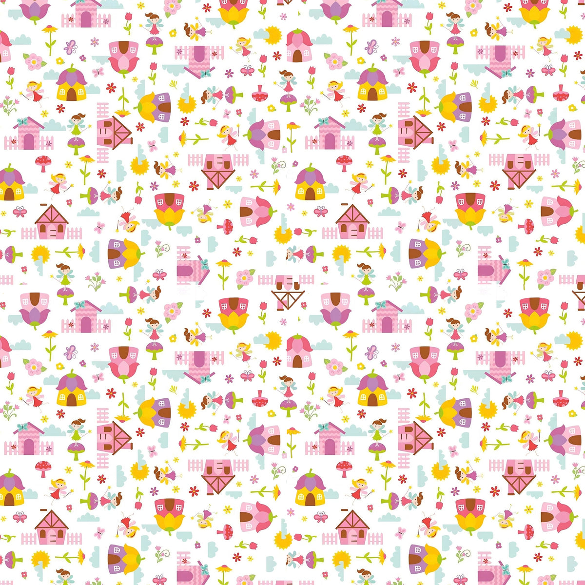Fairies fairy houses toadstools butterflies and flowers on white Fairy Garden novelty fabric for girls quilts nursery décor and patchwork sewing projects