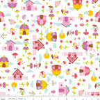 Fairies fairy houses toadstools butterflies and flowers on white Fairy Garden novelty fabric for girls quilts nursery décor and patchwork sewing projects