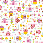 Fairies fairy houses toadstools butterflies and flowers on white Fairy Garden novelty fabric for girls quilts nursery décor and patchwork sewing projects