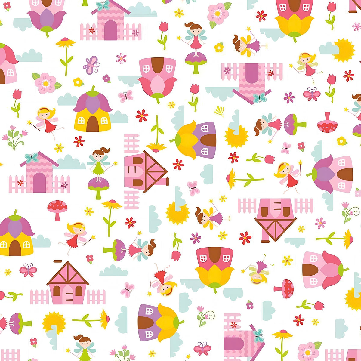 Fairies fairy houses toadstools butterflies and flowers on white Fairy Garden novelty fabric for girls quilts nursery décor and patchwork sewing projects