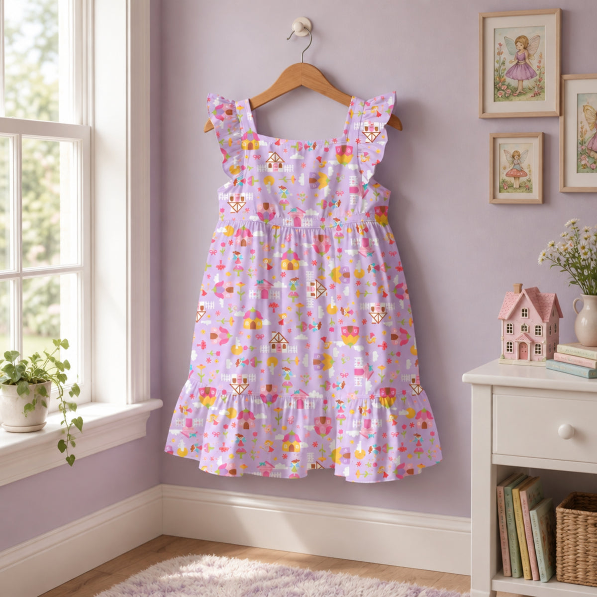 Purple Fairy Garden fabric girls dress with fairies flower houses and butterflies for childrens clothing and sewing inspiration