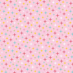 Colourful turquoise yellow red white and green stars on pink Fairy Garden fabric for girls quilts nursery décor and patchwork sewing projects