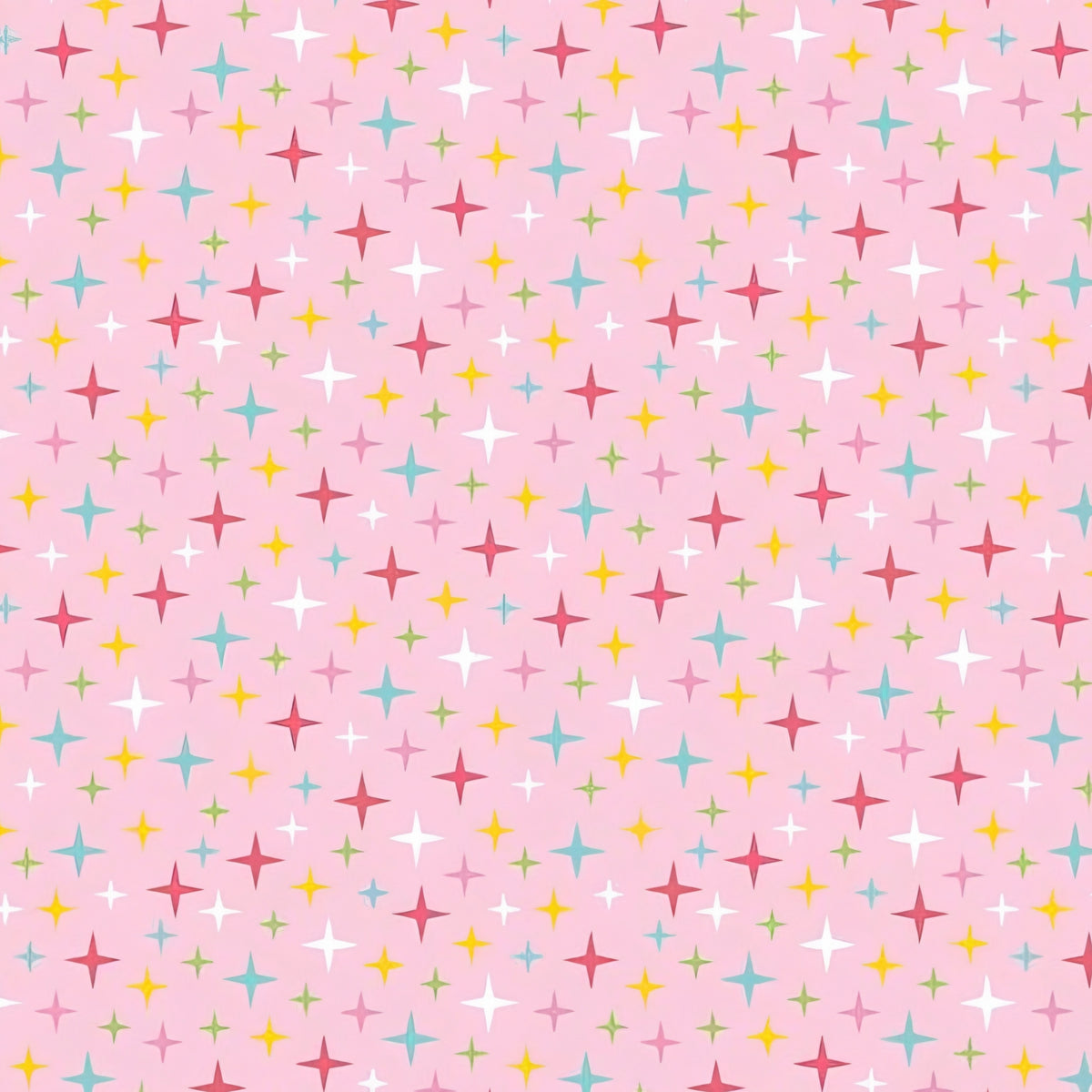 Colourful turquoise yellow red white and green stars on pink Fairy Garden fabric for girls quilts nursery décor and patchwork sewing projects