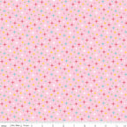 Colourful turquoise yellow red white and green stars on pink Fairy Garden fabric for girls quilts nursery décor and patchwork sewing projects