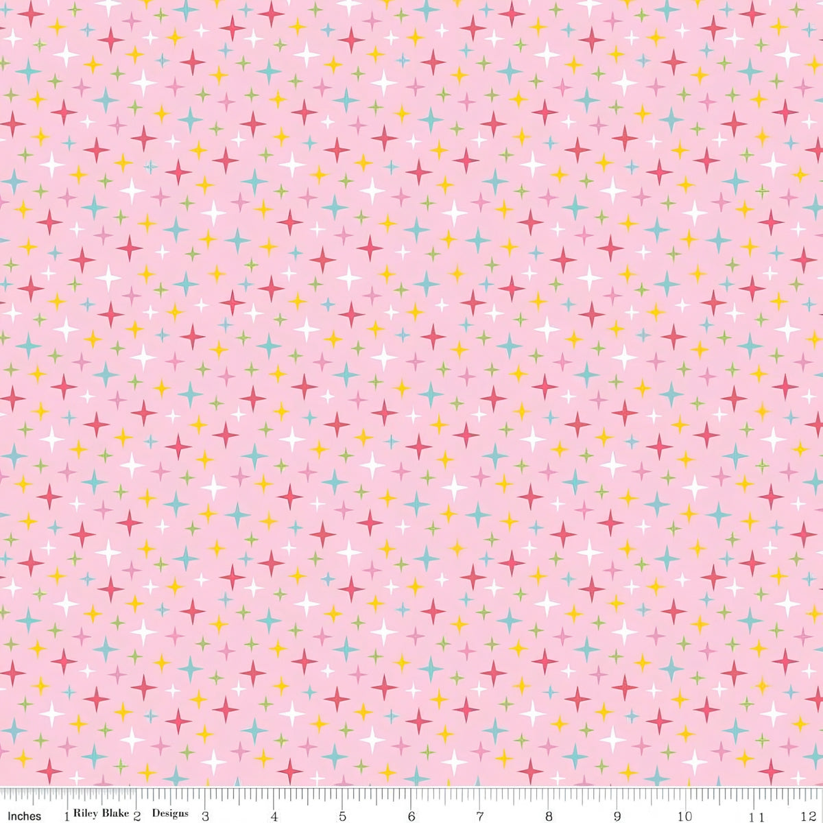 Colourful turquoise yellow red white and green stars on pink Fairy Garden fabric for girls quilts nursery décor and patchwork sewing projects