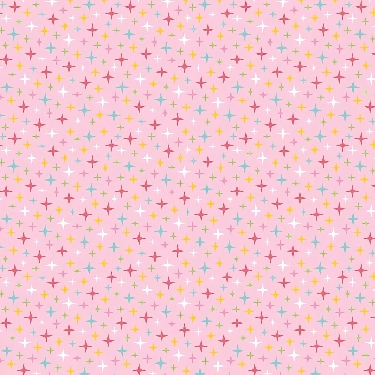 Colourful turquoise yellow red white and green stars on pink Fairy Garden fabric for girls quilts nursery décor and patchwork sewing projects