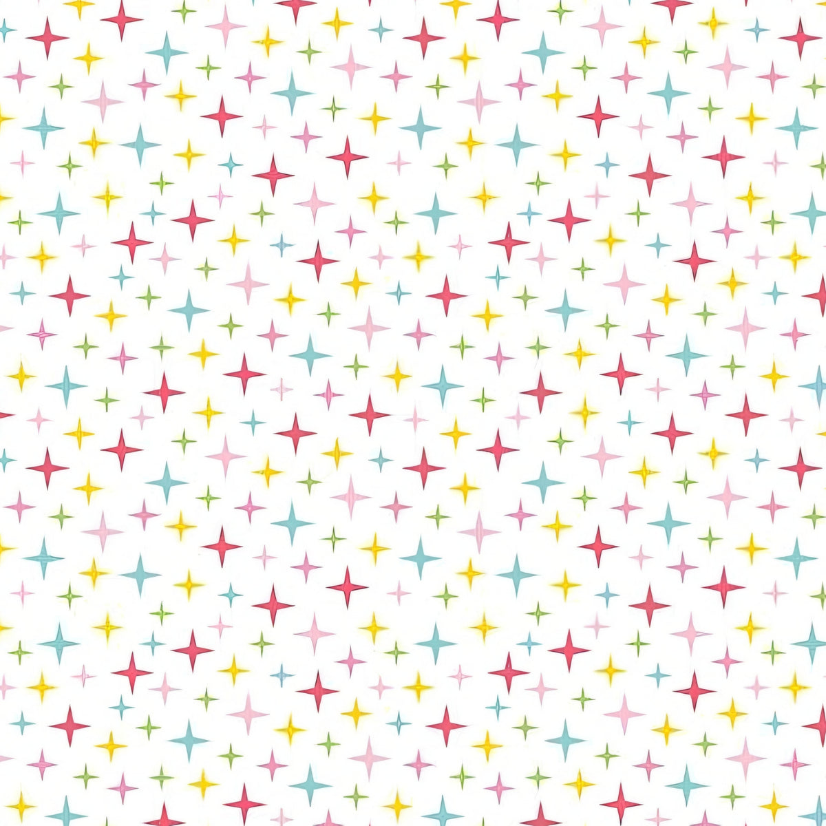 Colourful turquoise yellow red pink and green stars on white Fairy Garden fabric for girls quilts nursery décor and patchwork sewing projects