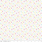 Colourful turquoise yellow red pink and green stars on white Fairy Garden fabric for girls quilts nursery décor and patchwork sewing projects
