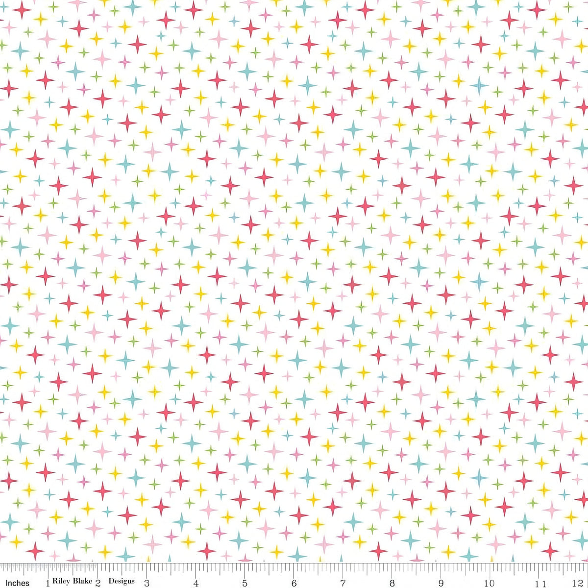 Colourful turquoise yellow red pink and green stars on white Fairy Garden fabric for girls quilts nursery décor and patchwork sewing projects