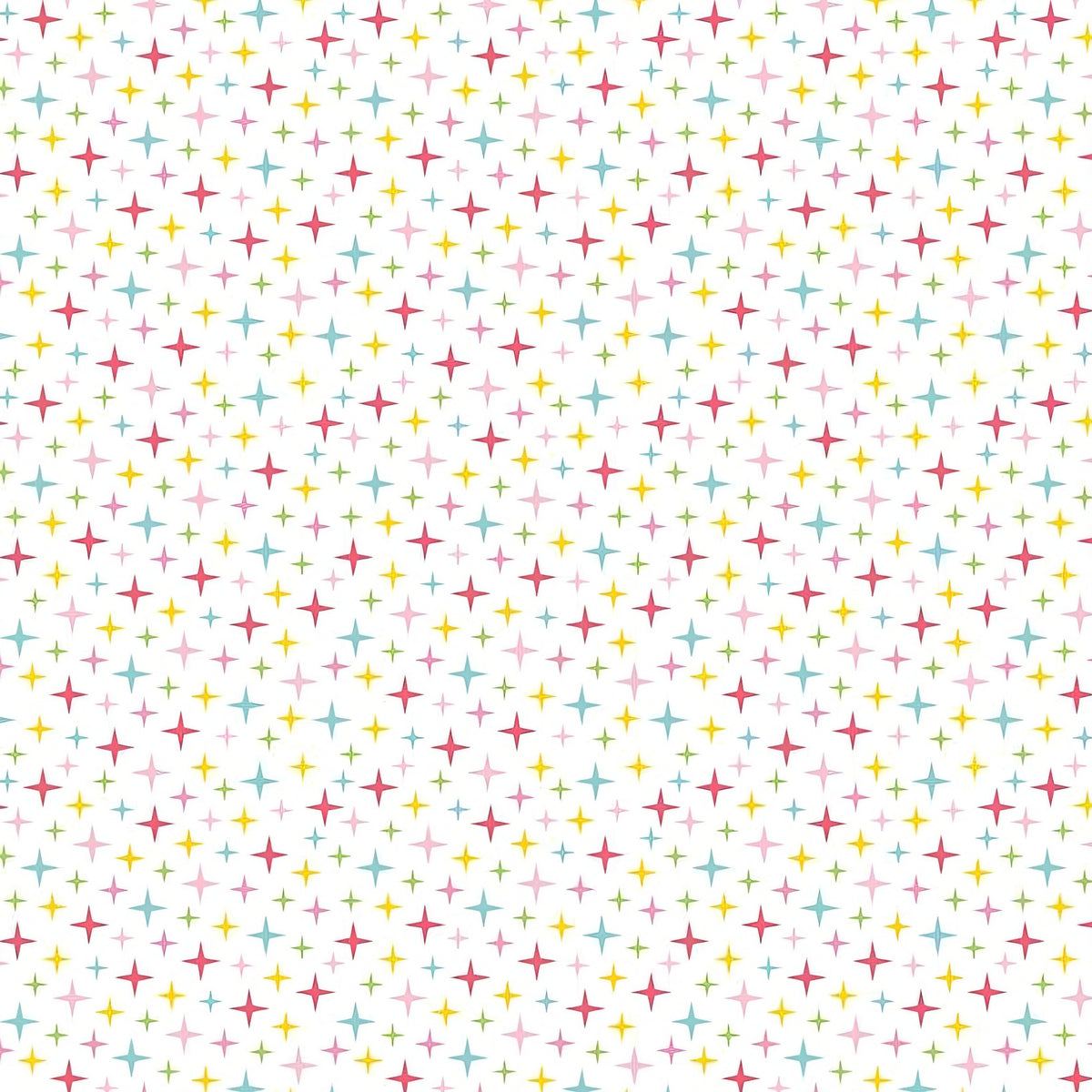 Colourful turquoise yellow red pink and green stars on white Fairy Garden fabric for girls quilts nursery décor and patchwork sewing projects
