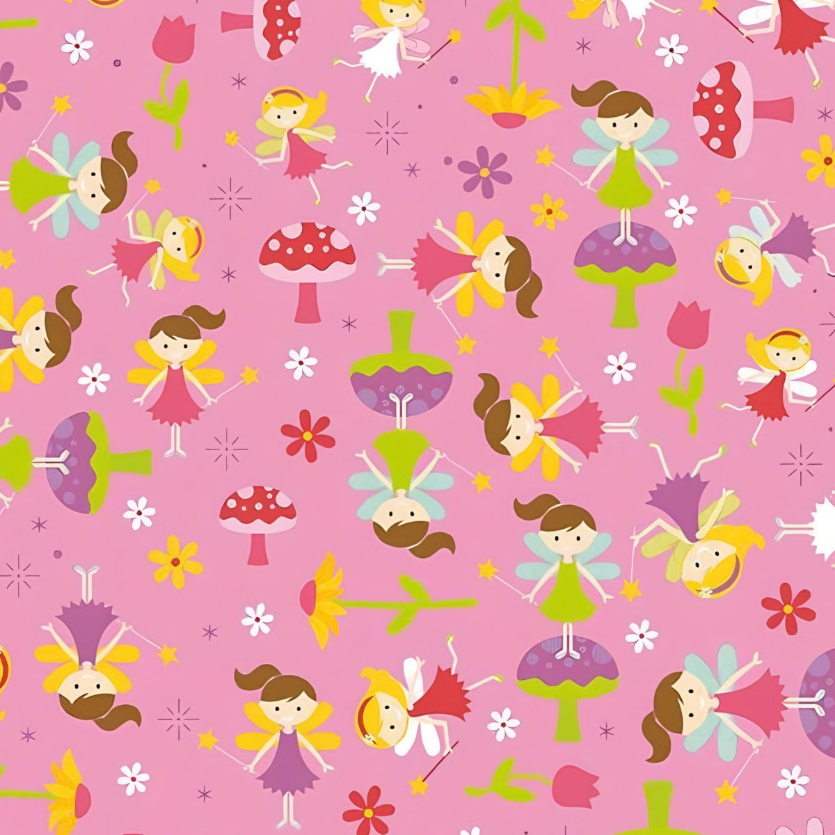 Fairies magic wands toadstools tulips flowers and starbursts on pink Fairy Garden novelty fabric for girls quilts nursery décor and patchwork sewing projects