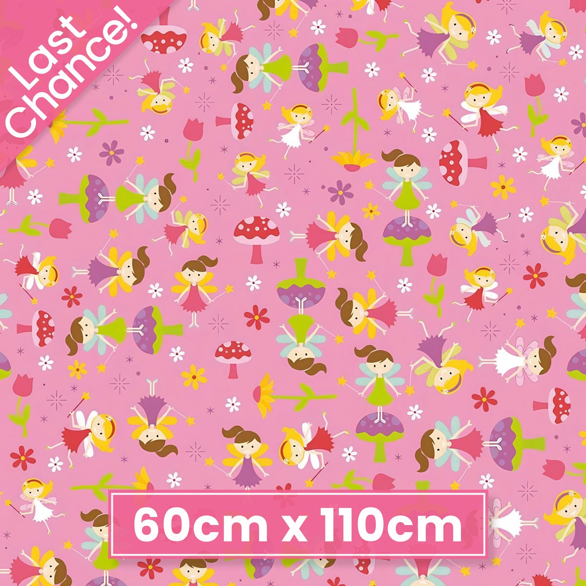 Fairies magic wands toadstools tulips flowers and starbursts on pink Fairy Garden novelty fabric for girls quilts nursery décor and patchwork sewing projects