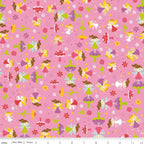 Fairies magic wands toadstools tulips flowers and starbursts on pink Fairy Garden novelty fabric for girls quilts nursery décor and patchwork sewing projects