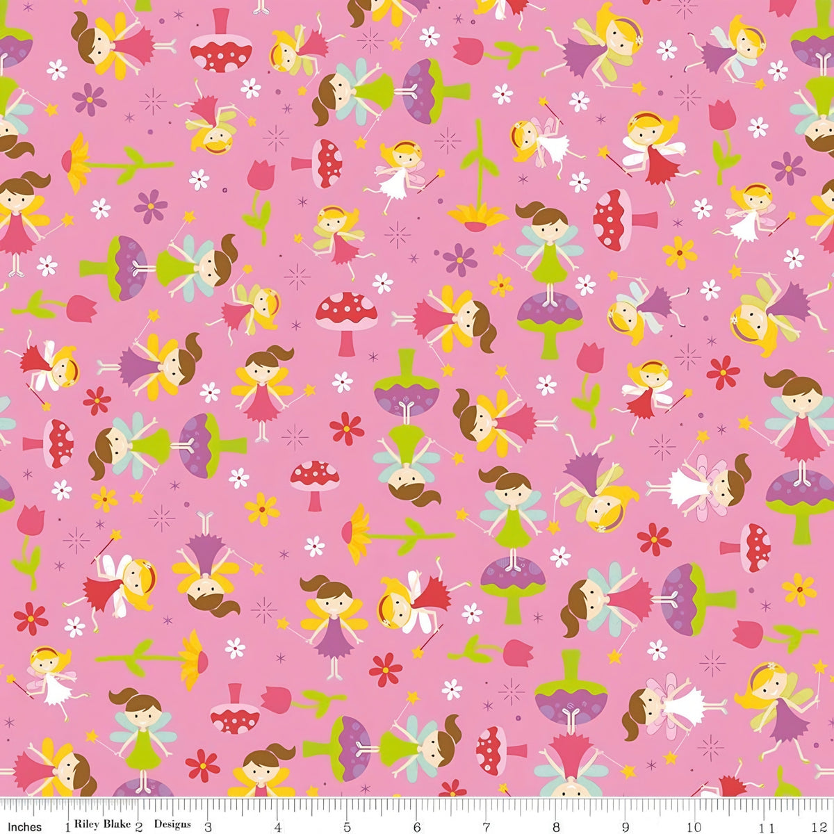 Fairies magic wands toadstools tulips flowers and starbursts on pink Fairy Garden novelty fabric for girls quilts nursery décor and patchwork sewing projects