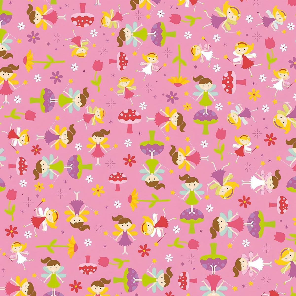 Fairies magic wands toadstools tulips flowers and starbursts on pink Fairy Garden novelty fabric for girls quilts nursery décor and patchwork sewing projects