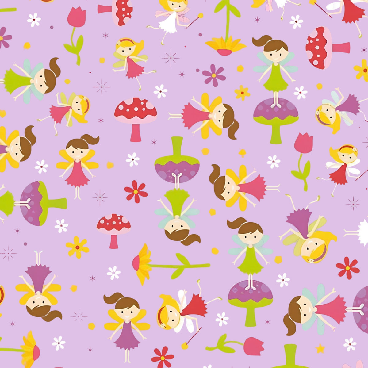 Fairies magic wands toadstools tulips flowers and starbursts on purple Fairy Garden novelty fabric for girls quilts nursery décor and patchwork sewing projects