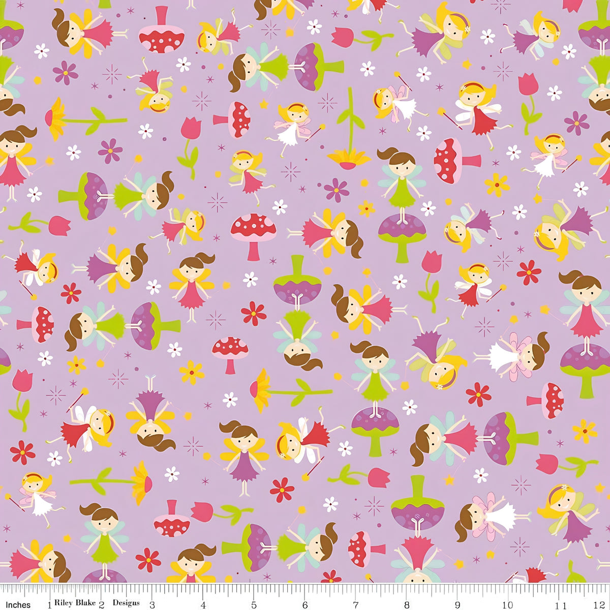 Fairies magic wands toadstools tulips flowers and starbursts on purple Fairy Garden novelty fabric for girls quilts nursery décor and patchwork sewing projects