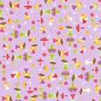 Fairies magic wands toadstools tulips flowers and starbursts on purple Fairy Garden novelty fabric for girls quilts nursery décor and patchwork sewing projects
