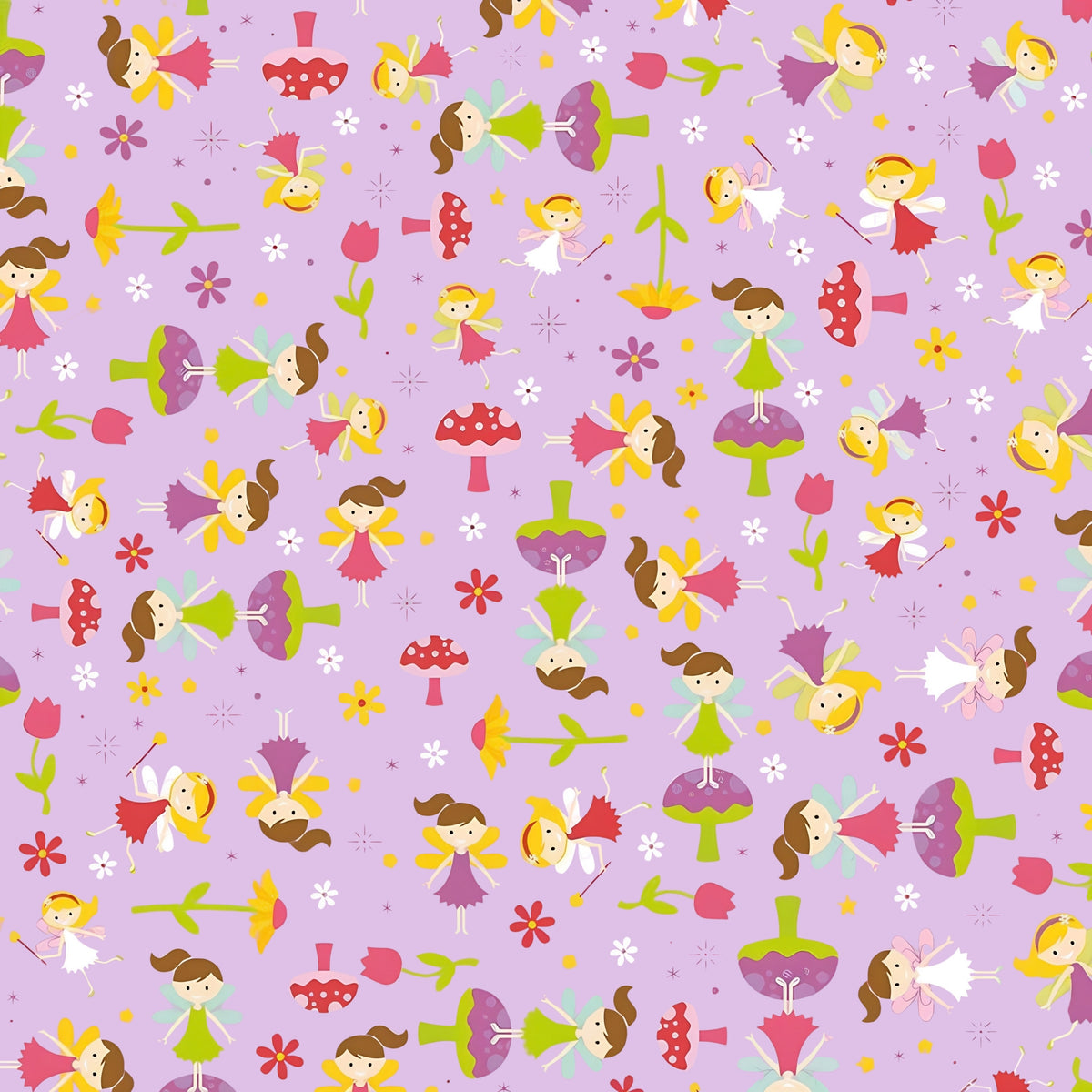 Fairies magic wands toadstools tulips flowers and starbursts on purple Fairy Garden novelty fabric for girls quilts nursery décor and patchwork sewing projects