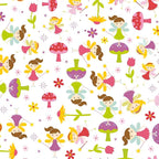 Fairies magic wands toadstools tulips flowers and starbursts on white Fairy Garden novelty fabric for girls quilts nursery décor and patchwork sewing projects