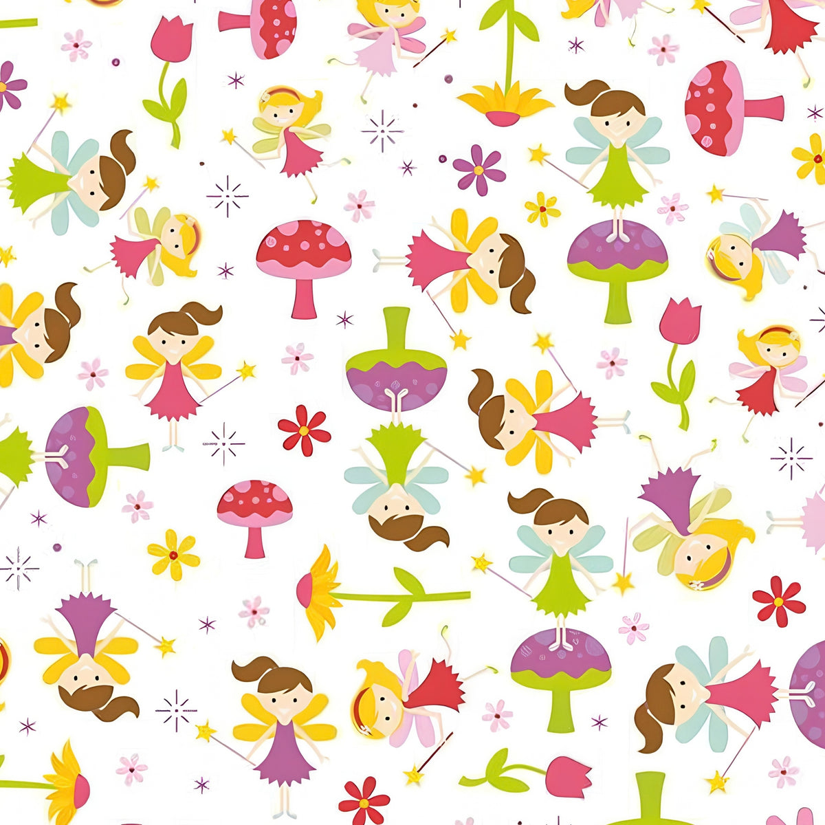Fairies magic wands toadstools tulips flowers and starbursts on white Fairy Garden novelty fabric for girls quilts nursery décor and patchwork sewing projects