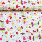 Fairies magic wands toadstools tulips flowers and starbursts on white Fairy Garden novelty fabric for girls quilts nursery décor and patchwork sewing projects